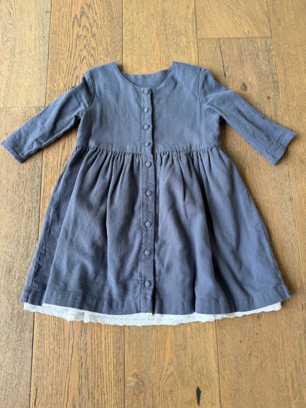 Little cotton clothes Long Sleeve blue Dress with Lace Hem